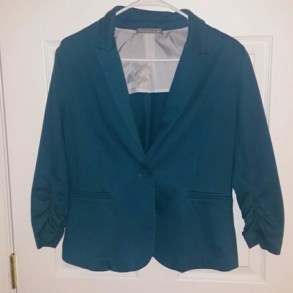 Olivia moon teal blazer with ruched sleeves